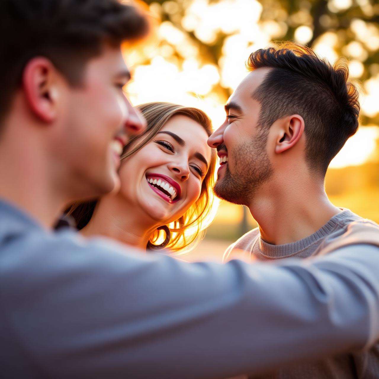 A happy couple laughing together at golden hour